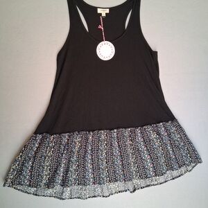 UMGEE USA NWT Size S Black Boho Racerback Tank with Floral Ruffle Hem